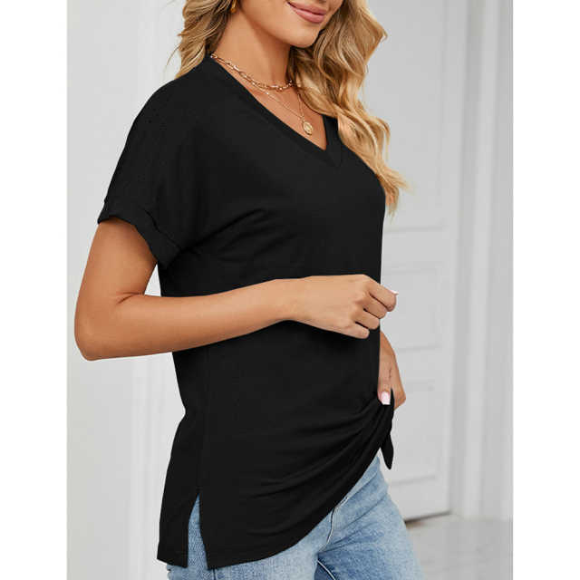 Black Raglan Sleeve V Neck T-shirt with Slit TQX210217-2