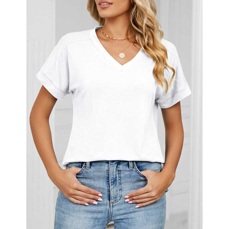 White Raglan Sleeve V Neck T-shirt with Slit TQX210217-1
