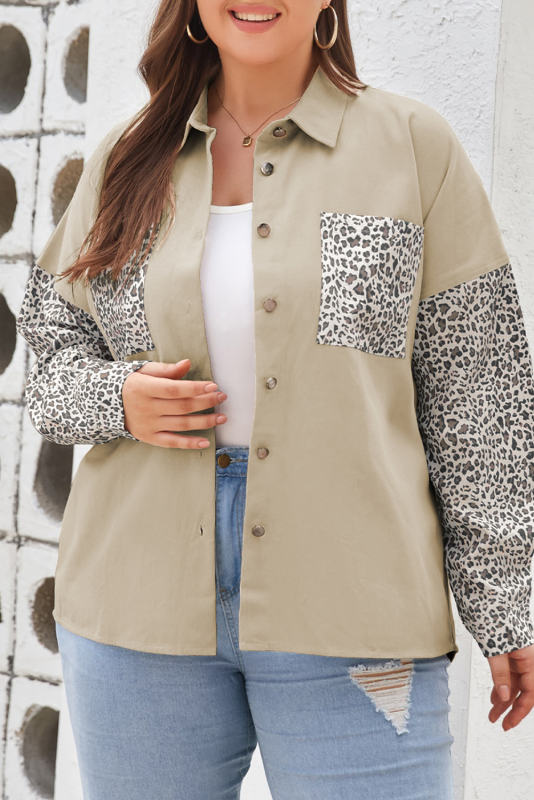 Khaki Plus Size Leopard Patchwork Shacket PL851054-16