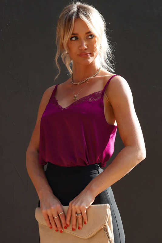 Red Lace Crochet V Neck Spaghetti Strap Satin Tank Top LC2567863-3
