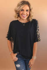 Black Leopard Splicing O-neck Short Sleeve T Shirt LC25219239-2