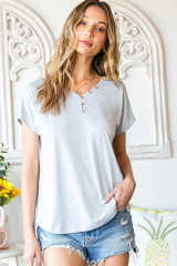 Gray V Neckline Buttoned Detail T-shirt LC25219156-11