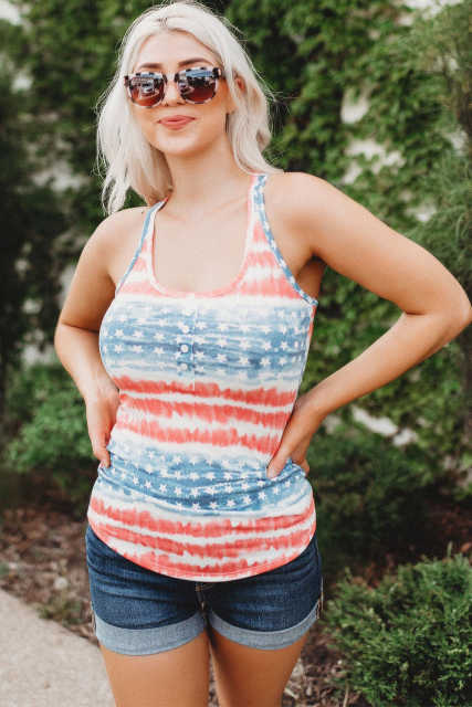 American Flag Scoop Neck Buttoned Tank Top LC2565925-3