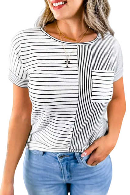 Mix Striped Print Chest Pocket T Shirt LC25219144-19