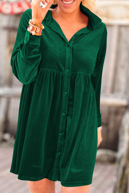 Green Long Sleeve Ruffle Velvet Button Up Dress LC6117352-P9