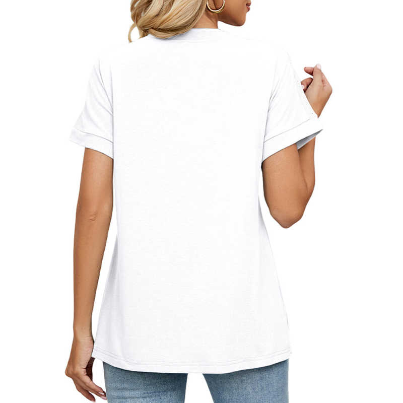 White Raglan Sleeve V Neck T-shirt with Slit TQX210217-1