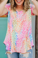 Colorful Leopard V Neck Short Sleeve Top LC25115040-20