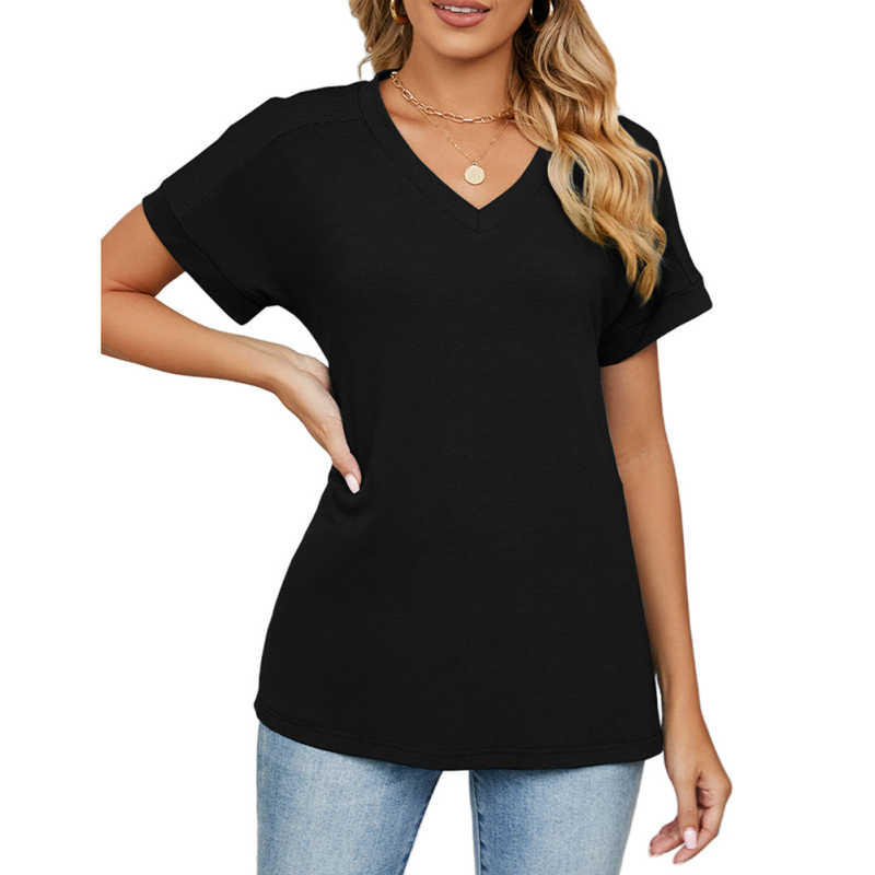 Black Raglan Sleeve V Neck T-shirt with Slit TQX210217-2