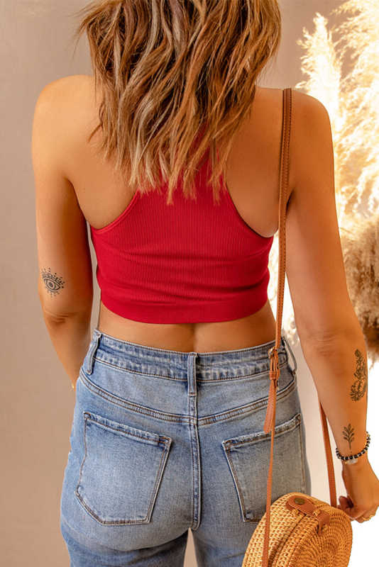 Red Ribbed Skinny Fit Crop Tank Top LC2565415-3