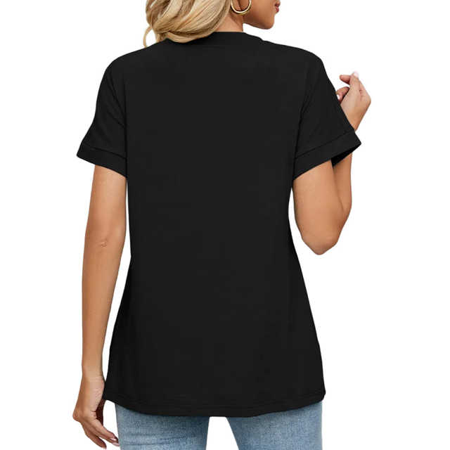 Black Raglan Sleeve V Neck T-shirt with Slit TQX210217-2