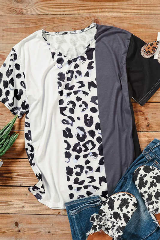 Leopard Color Block Short Sleeve Top LC25219261-20