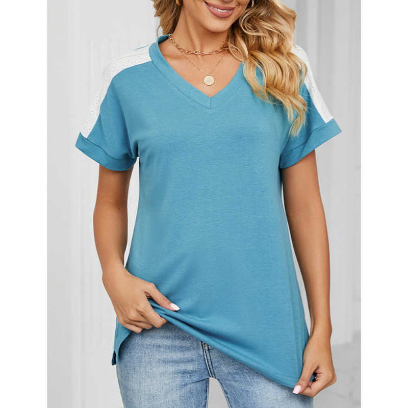 Blue Raglan Sleeve V Neck T-shirt with Slit TQX210217-5