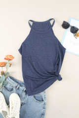 Blue Solid Color Crew Neck Tank Top LC2564998-5