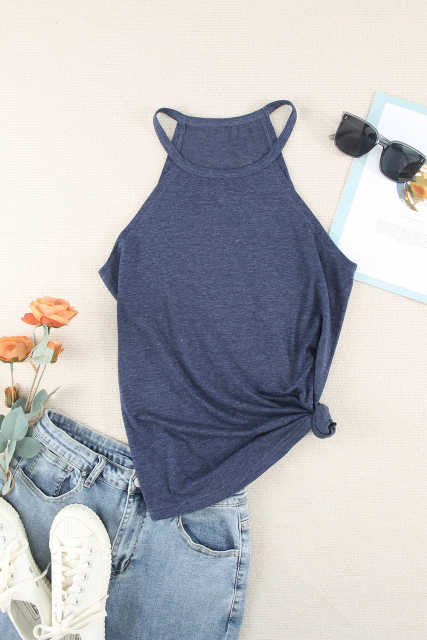 Blue Solid Color Crew Neck Tank Top LC2564998-5