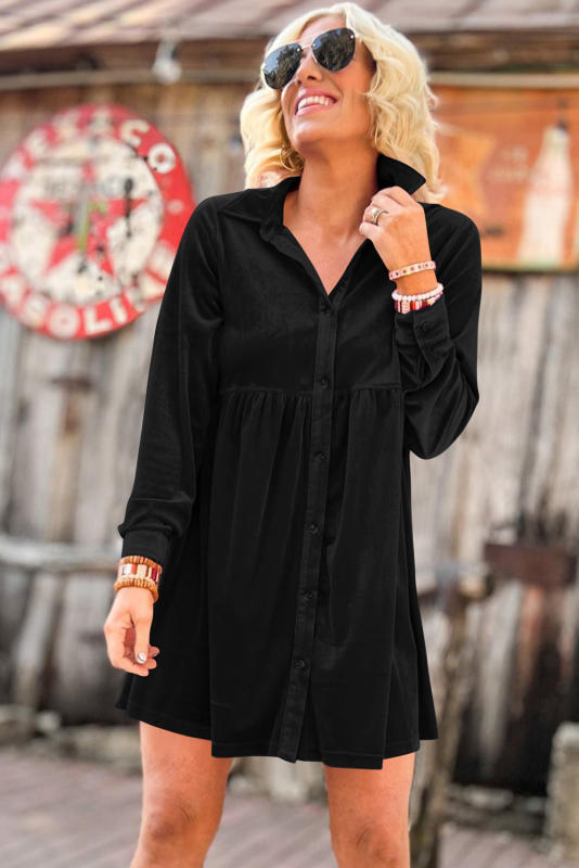 Black Long Sleeve Ruffle Velvet Button Up Dress  LC6117352-P2