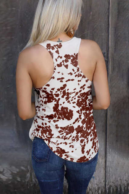 Brown Cow Print Racerback Tank Top LC2565091-17