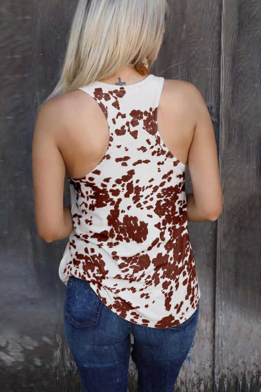Brown Cow Print Racerback Tank Top LC2565091-17