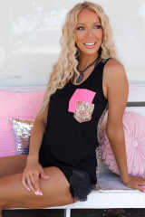 Black Sequin Chest Pocket Leopard Back Tank Top LC2567771-2