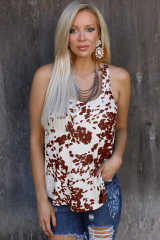 Brown Cow Print Racerback Tank Top LC2565091-17
