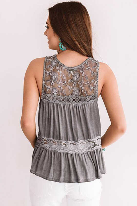 Gray Lace Embroidery Ruffled Sleeveless Top LC2565016-11