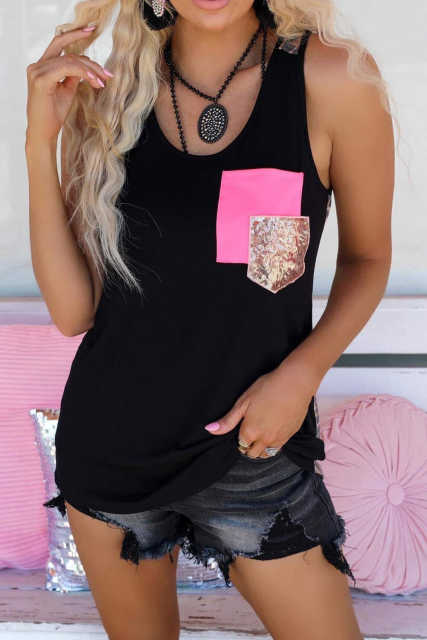 Black Sequin Chest Pocket Leopard Back Tank Top LC2567771-2