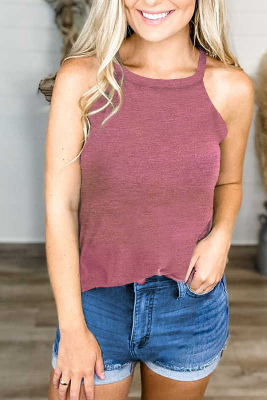 Pink Solid Color Crew Neck Tank Top LC2564998-10