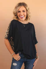 Black Leopard Splicing O-neck Short Sleeve T Shirt LC25219239-2