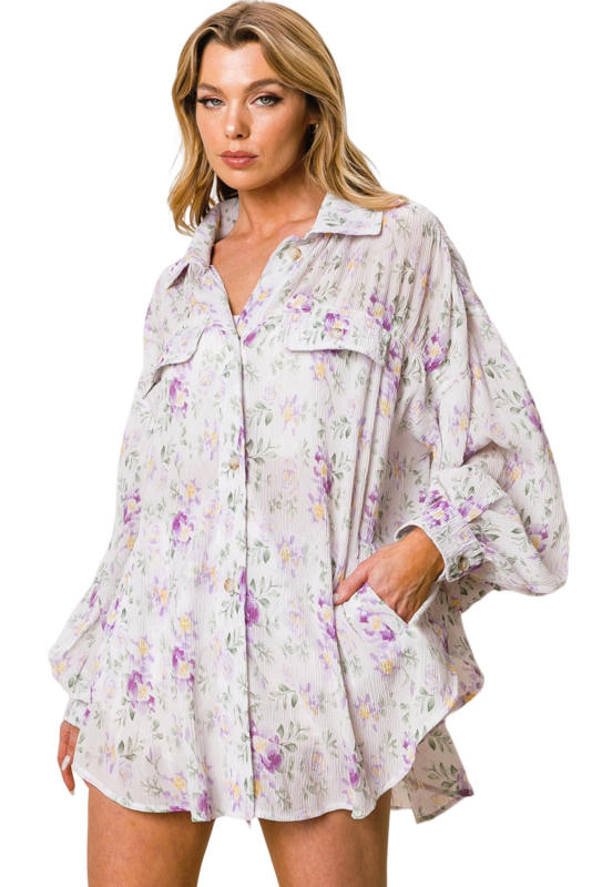 Purple Floral Print Pleated Flap Pocket Shirt  LC2553741-8