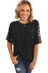Black Leopard Splicing O-neck Short Sleeve T Shirt LC25219239-2