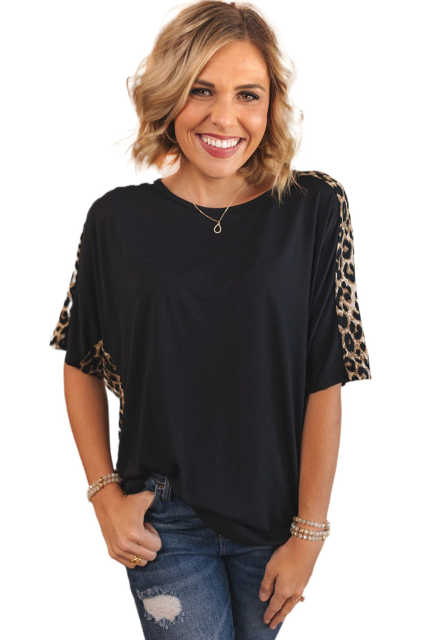 Black Leopard Splicing O-neck Short Sleeve T Shirt LC25219239-2