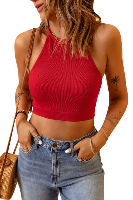 Red Ribbed Skinny Fit Crop Tank Top LC2565415-3