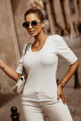 White Round Neck Half Sleeve Ribbed Knit Top LC25119692-1