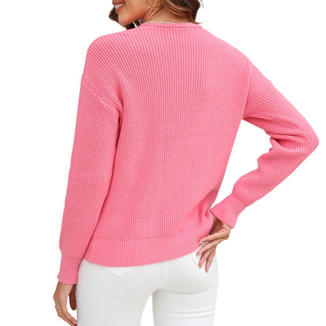 Pink Solid Color V Neck Cable Knit Sweater