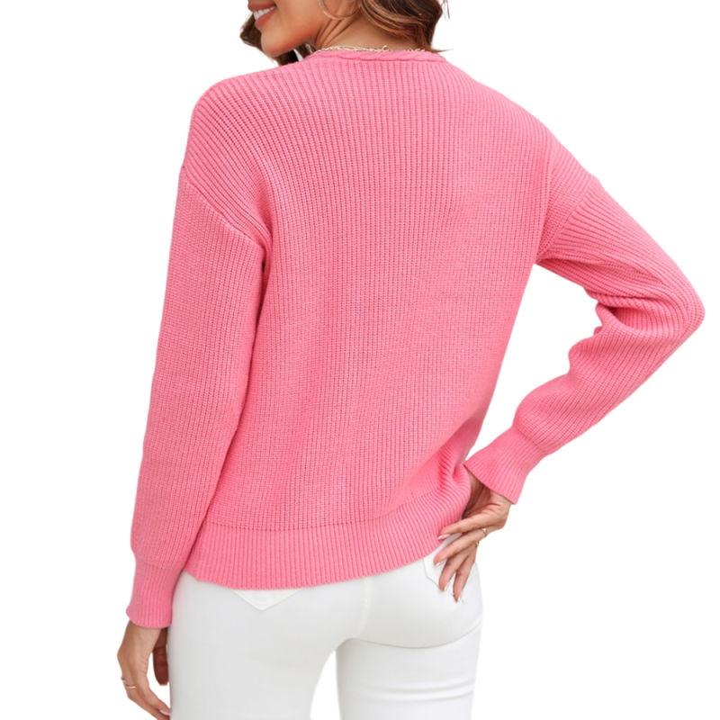Pink Solid Color V Neck Cable Knit Sweater