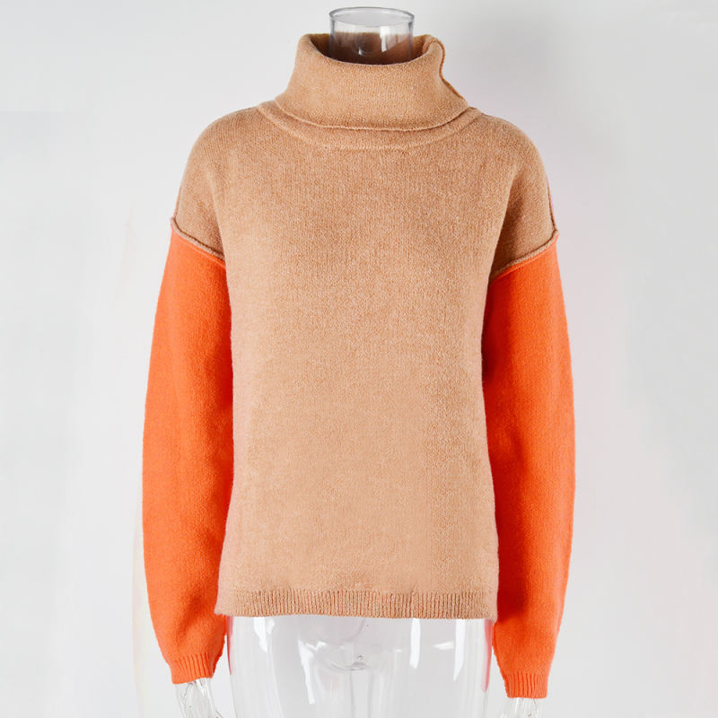 Khaki Splicing Turtleneck Pullover Sweater