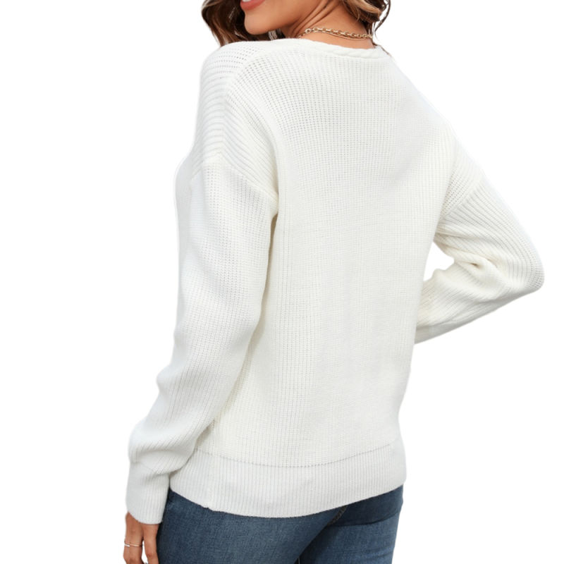 White Solid Color V Neck Cable Knit Sweater