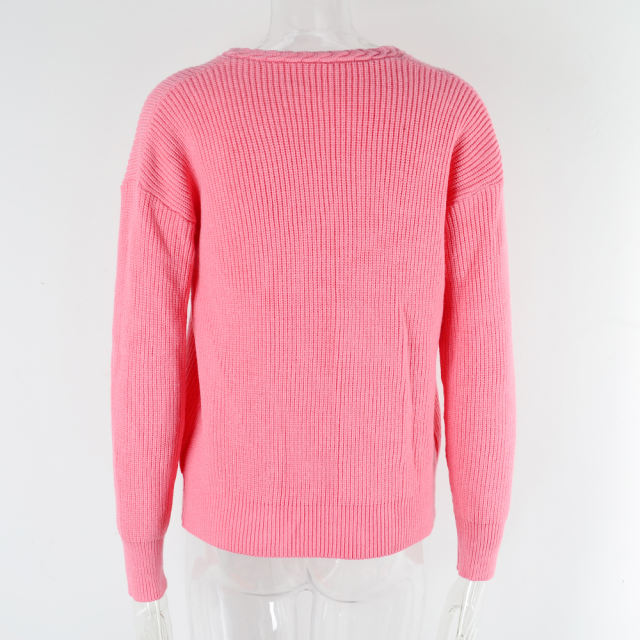 Pink Solid Color V Neck Cable Knit Sweater