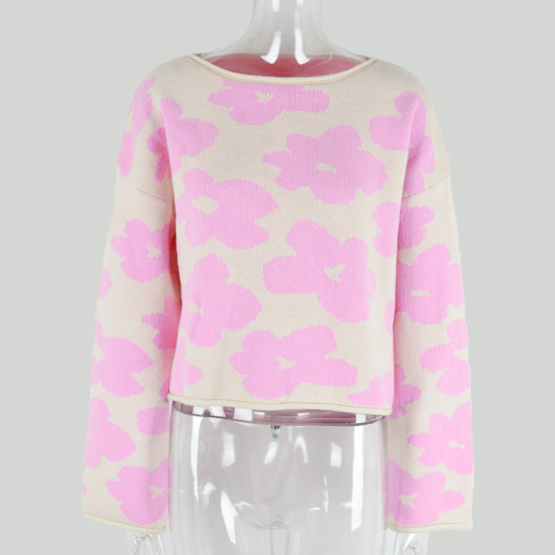 Pink Flower Pattern Short Style Knit Sweater