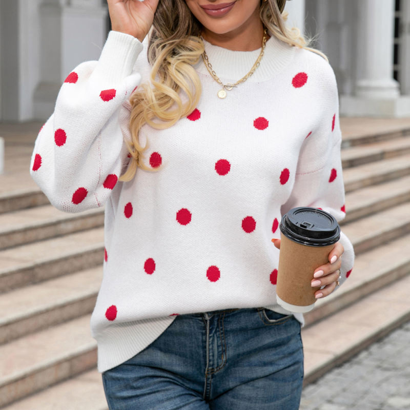 White Spots Pattern O Neck Pullover Knit Sweater