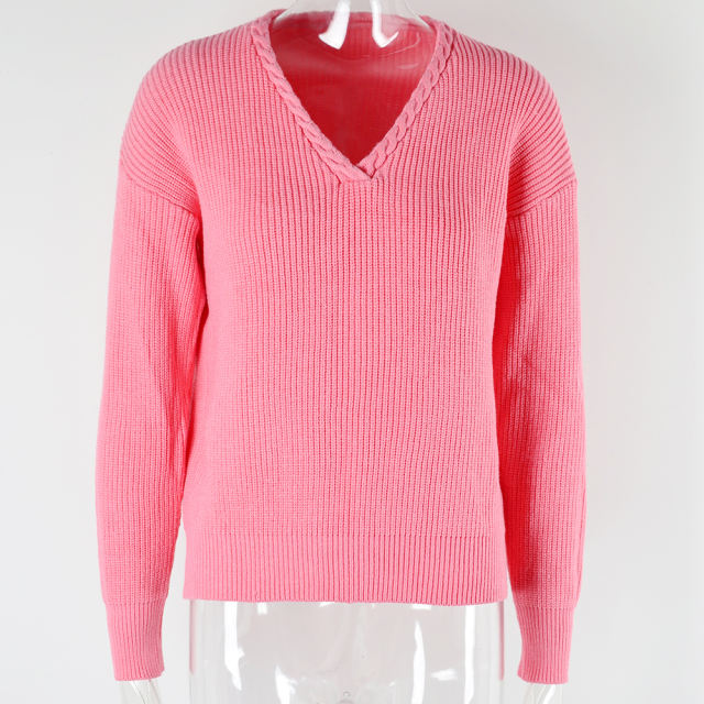 Pink Solid Color V Neck Cable Knit Sweater