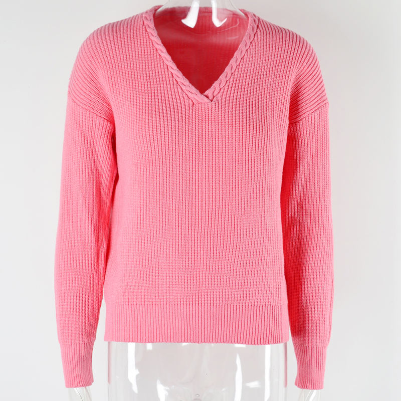 Pink Solid Color V Neck Cable Knit Sweater