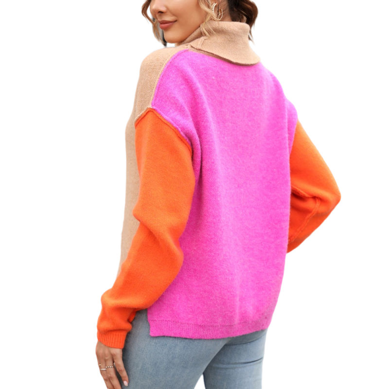 Khaki Splicing Turtleneck Pullover Sweater