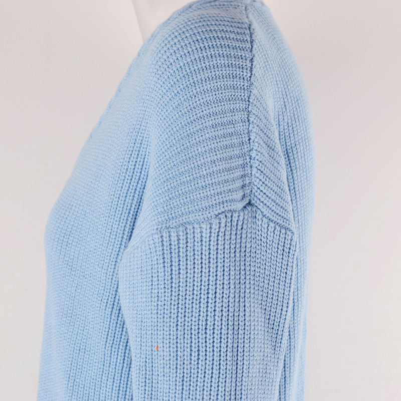 Blue Solid Color V Neck Cable Knit Sweater
