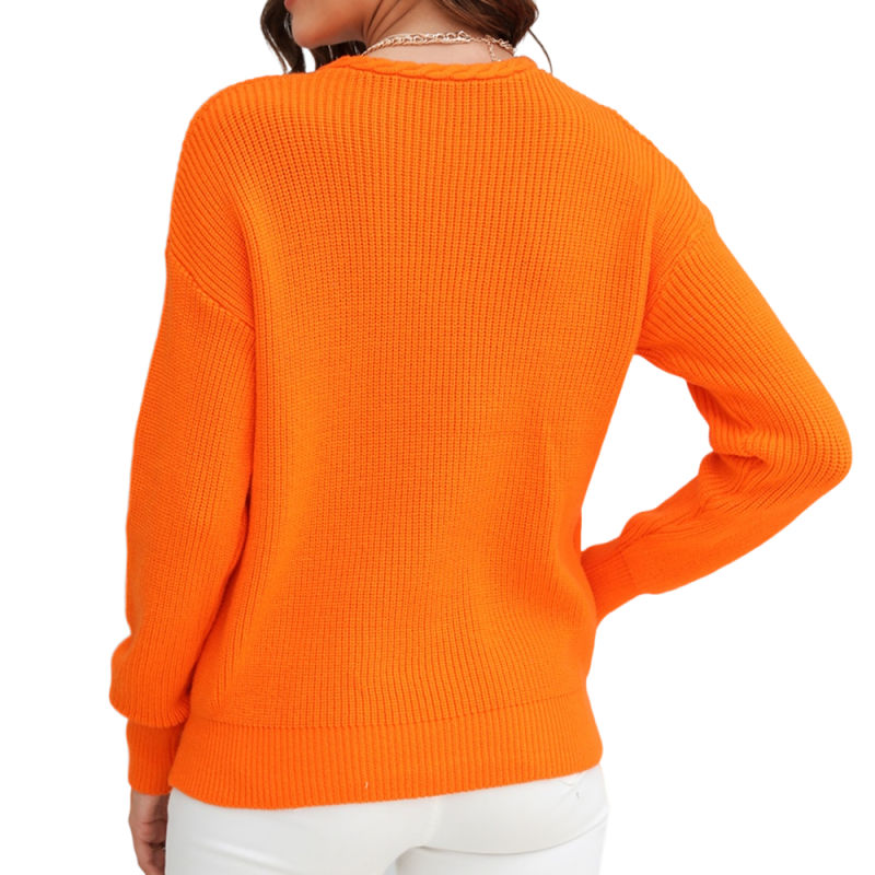 Orange Solid Color V Neck Cable Knit Sweater
