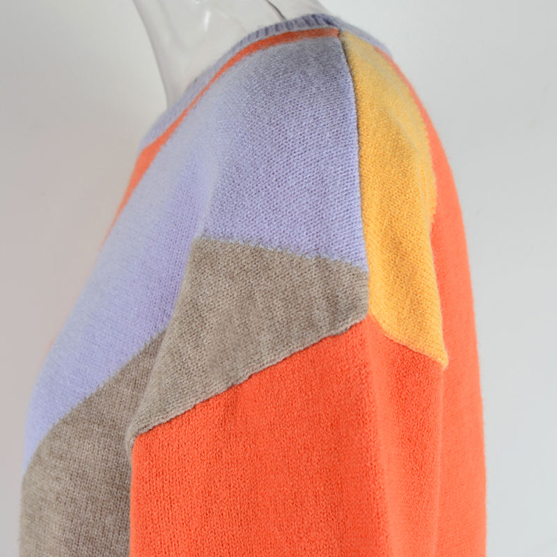 Orange Colorblock Round Neck Long Sleeve Sweater