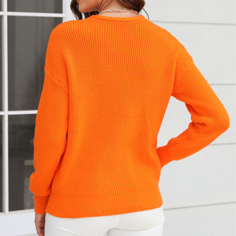 Orange Solid Color V Neck Cable Knit Sweater