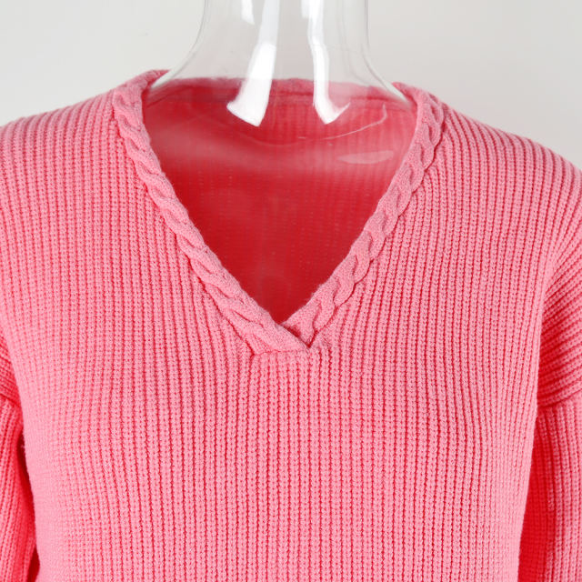 Pink Solid Color V Neck Cable Knit Sweater