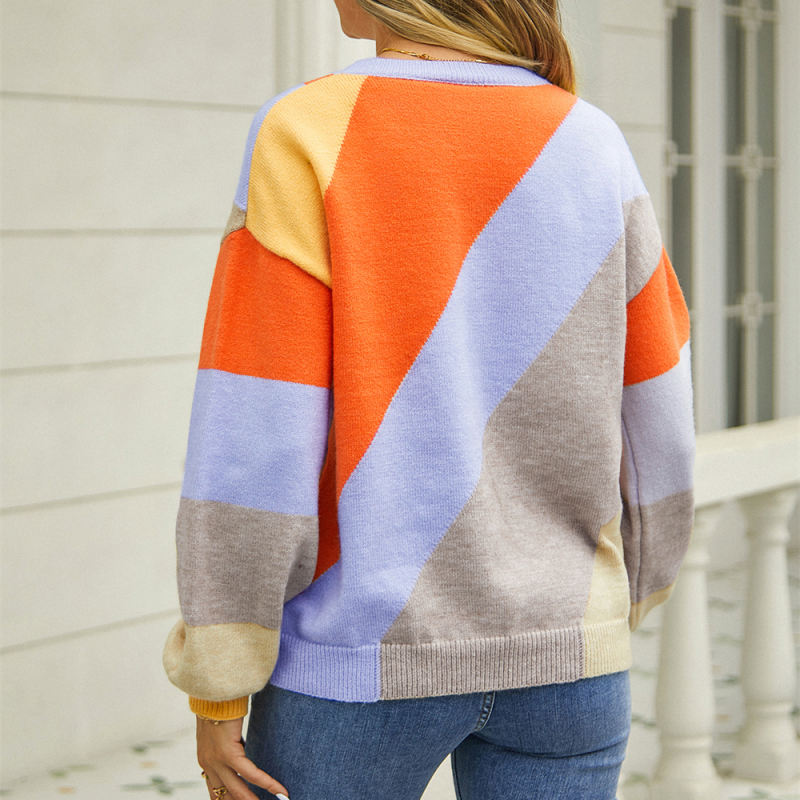 Orange Colorblock Round Neck Long Sleeve Sweater
