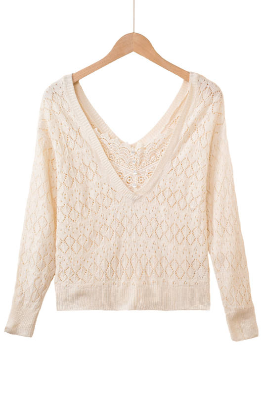 Beige Buttoned Lace Patchwork Hollow Knit Sweater