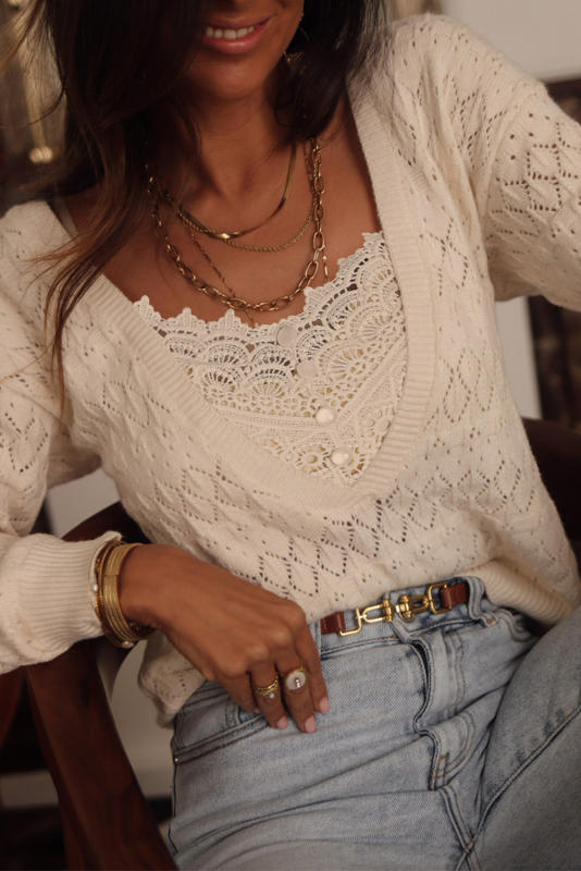 Beige Buttoned Lace Patchwork Hollow Knit Sweater